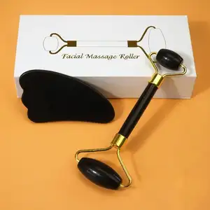 Grosir/Disesuaikan Logo Hitam Giok Roller Gua Sha Alat Set Wajah Rol Kecantikan Wajah Rol Perawatan Kulit Alat Pijat Wajah