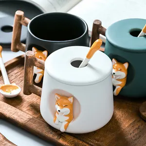 Creative Porcelain Shiba Inu 420ml Mug Gift Set Custom Black Green White Cute Cup Ceramic Mugs Coffee Cups With Lid And Spoon