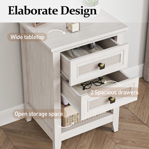 Comodino in Stile Rustico con 2 Cassetti in Rattan e Ripiano Aperto, Tavolino da Notte in Legno - Product Image 3