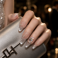 Faux ongles de luxe faits main, grands, avec breloques en zircone irisée, nœuds 3D, paillettes argentées et motif ondulé ovale, à coller sur les doigts