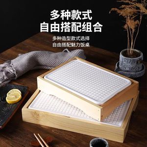 Japanese Style Sushi Platter With Ice Plate For Salmon Sashimi Serving <b>Tray</b> Rectangular Wooden Frame White Ceramic Dish - Product Image 5
