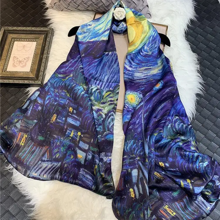 Zipeiwin-bufanda de seda larga para mujer, diseño novedoso, pintura al óleo, bufanda de seda de noche estrellada de lujo, 100%