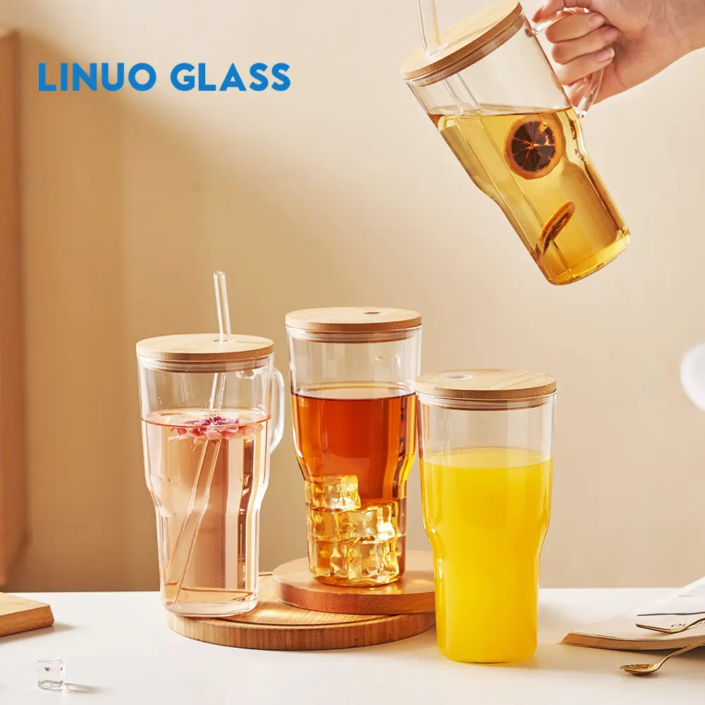 Linuo 900ml cốc cà phê tái sử dụng thân thiện với môi tùy chỉnh thủy tinh borosilicate cup với nắp tre
