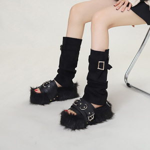 2023 New European and American Punk Two-wear <strong>Furry</strong> Sleeve <strong>Boots</strong> One-word <strong>slippers</strong> Women's Thick Sole <strong>Furry</strong> <strong>slippers</strong> - Product Image 5