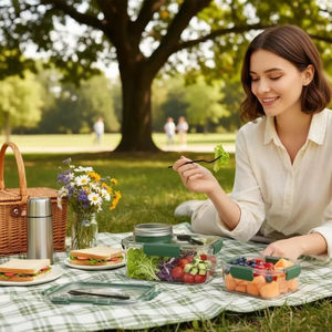 Boîte de conservation portable en plastique transparente et étanche pour salade, avec compartiment à condiments et fourchette intégrée, modèle LM – Vente en gros - Product Image 3