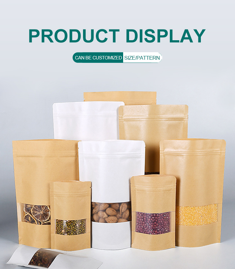 Kraft Stand Up Paper Bags With Clear Window, Brown Kraft Paper Aluminum Foil Reusable Sealable pouch bags