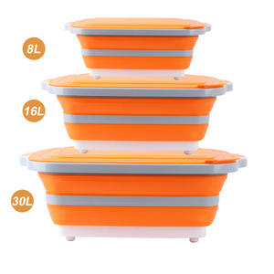 Planche à découper portable en silicone 3-en-1 avec panier <span class=keywords><strong>de</strong></span> lavage et <span class=keywords><strong>bac</strong></span> <span class=keywords><strong>de</strong></span> préparation pliable avec couvercle <span class=keywords><strong>pour</strong></span> pique-niques et camping en extérieur (8L, 16L, 30L) - Product Image 1