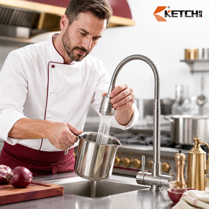 Grifo <span class=keywords><strong>de</strong></span> Cocina Moderno <span class=keywords><strong>de</strong></span> Acero Inoxidable con Rociador Extraíble Flexible <span class=keywords><strong>de</strong></span> Cuello <span class=keywords><strong>de</strong></span> Cisne y Acabado Níquel Cepillado, con Interruptor Tipo Campana - Product Image 1