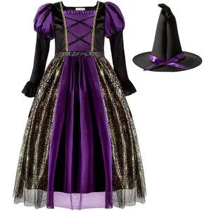 New Witch Costume Cosplay Girls Halloween Costume for Kids Velvet Christmas Children Princess Dress Winter Clothing with Hat