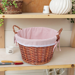 Rustic Antique Circle Wicker Picnic Basket <strong>Empty</strong> Easter <strong>Hamper</strong> with Folding Handles Willow Garden Harvest - Product Image 5