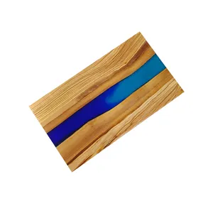 Olive wooden epoxy resin gradient blue river cheese board, olive wood resin cutting board