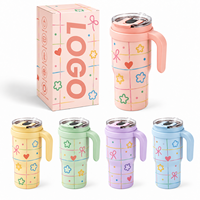 Gobelet isotherme personnalisé en acier inoxydable avec poignée et couvercle à paille rabattable, tasse de voyage isolée sous vide pour voiture, école, bureau