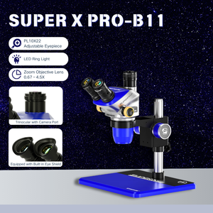 <span class=keywords><strong>Microscopio</strong></span> Estéreo Trinocular SUPER X PRO-B11 con Función <span class=keywords><strong>de</strong></span> Zoom Continuo <span class=keywords><strong>de</strong></span> 0.65X-5.2X, Equipado con Campo <span class=keywords><strong>de</strong></span> Visión Ultra Amplio - Product Image 1