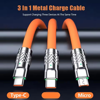 3 en 1 120W Cable de carga súper rápida de Metal 6a Línea de datos de carga rápida Usb Cable de carga rápida de silicona Cable de datos de teléfono para móvil