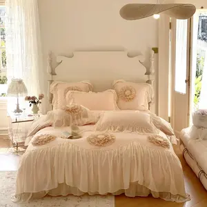 High-End 4 Stück rosa Satin Bett bezug 100% Baumwolle Spitze Kissen bezug Bettwäsche-Set