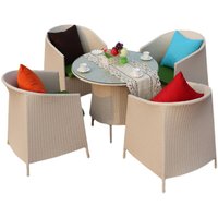 Ensemble de meubles de patio en rotin blanc minimaliste moderne et mobile pour l'extérieur, composé de cinq pièces, avec table en plastique et chaises à dossier.