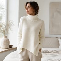Pull-over en maille côtelée à col roulé oversize pour femme, épaules tombantes, manches longues, ourlet asymétrique, vente en gros, marque privée OEM ODM
