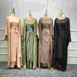 2026 Abaya Wanita Muslim Berkualitas Tinggi 3Pcs Set Gaun Warna Solid Kimono Cardigan Terbuka Pakaian Islami - Product Image 1
