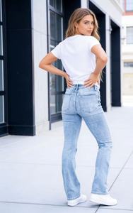 Jeans vintage bleu clair à effet vieilli, coupe bootcut, doux et élastiques, cinq poches, pour femmes - Product Image 5