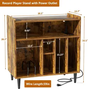 3 Tier Bamboo Wooden Record Player Stand Vinyl Record Storage Table With Power Outlets And LED Lights