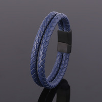 Bracelet en cuir véritable à double couche avec fermoir en acier inoxydable au design simple pour hommes