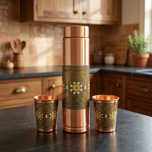 Jarra de Cobre Puro Cepillado Premium para Mesita de Noche con Juego de 2 Vasos, Botella de Agua de Cobre con Patrón de Filigrana Meenakari Antiguo en Relieve - Product Image 1
