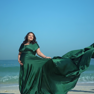 Elegant Emerald <b>Green</b> Satin <b>Maternity</b> Gown for Beach Photoshoot Satin Wrap Slit <b>Dress</b> Long Flying Trail Gown Evening Maxi Gown - Product Image 1