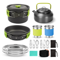 Ensemble de cuisine de camping en aluminium léger en gros avec bouilloire, casseroles, poêles, tasses et couverts