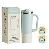Gobelet isotherme en acier inoxydable de luxe classique de 24 oz avec poignée et couvercle 2 en 1 |   Mug de voyage compatible avec le porte-gobelet de voiture