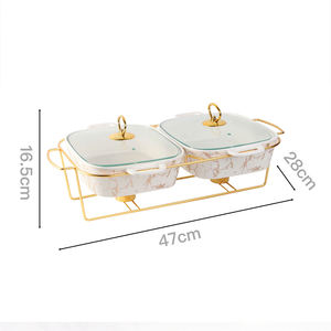 Plat de cuisson rectangulaire de luxe en marbre doré pour restaurant avec support métallique, chauffe-plat en céramique pour buffet et couvercle en verre - Product Image 6