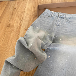 PEEQI A2515 Nouveau design Meilleure vente Jeans droits pour femmes Strass Pantalons en denim amincissants Mode Grande <span class=keywords><strong>taille</strong></span> Jeans à jambes larges - Product Image 5