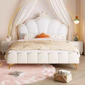 <b>Cream</b> Crown Princess Kids Daybed for Girls Bedroom Modern Minimalist Design with Soft <b>Headboard</b> Comfortable Wood - Product Image 2