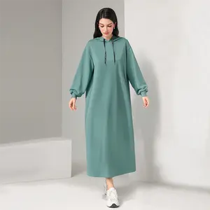Custom Logo Muslim Women's Hooded Sweatshirt Drawstring Fleece Terry Lightweight Long Sleeve Pullover Hoodie Dress With Logo