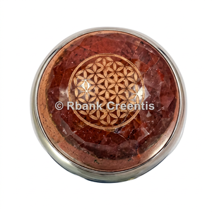 Conteneur circulaire en mosaïque de pierres précieuses avec sphères sculptées et liées pour la décoration Feng Shui et des chakras à la maison, origine Gujarat - Product Image 1