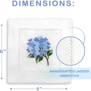 ผ้าเช็ดปากค็อกเทลผ้าลินิน 100% สีขาว ลายดอกไฮเดรนเยีย ทำมือ ขนาด 6x6 นิ้ว ใช้ซ้ำได้ ผ้ารองแก้วขนาดเล็ก ปักขอบ  รับสกรีนโลโก้ สำหรับงานวันเกิด - Product Image 6