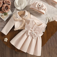 Ensemble trois pièces pour bébé fille, style coréen, veste à col en fourrure, robe à nœud, béret, 100% polyester, jupe, ensemble doux et uni pour l'hiver