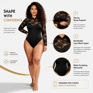Wholesale Custom Plus Size <b>Black</b> <b>Lace</b> Shapewear <b>Bodysuit</b> Women <b>Long</b> <b>Sleeve</b> Mesh Waist Trainer Tummy Control Body Shaper - Product Image 2