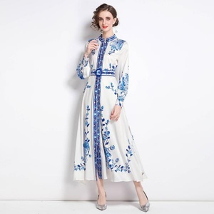 Robe longue <span class=keywords><strong>bohème</strong></span> <span class=keywords><strong>chic</strong></span> pour <span class=keywords><strong>femme</strong></span>, imprimé floral, col montant, manches lanternes longues, fendue, ceinturée, pour soirée, printemps-automne - Product Image 5