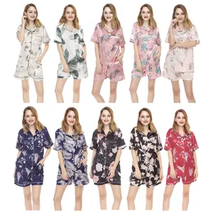 Wanita Floral Dicetak Baju Tidur Piyama Pendek Set Satin Sutra Piyama Wanita Printing Piyama Set