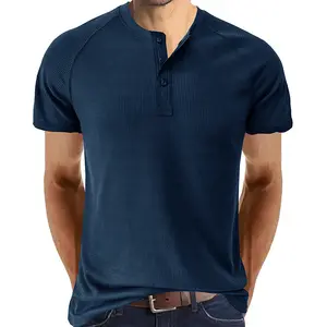 Nouvelle tendance de la mode unique polyester gym solide été à manches courtes boutons sans col t-shirts t-shirt 3 boutons pour hommes designer