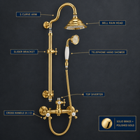 Ensemble de douche apparent en laiton doré antique avec pommeau pluie, douchette téléphonique et poignée croisée pour salle de bain, vente en gros