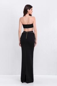 A9309 <span class=keywords><strong>Pronto</strong></span> per la Spedizione, Completo <span class=keywords><strong>Donna</strong></span> alla <span class=keywords><strong>Moda</strong></span> con Gonna Lunga e Top Corto Nero, Tailleur Due Pezzi - Product Image 6