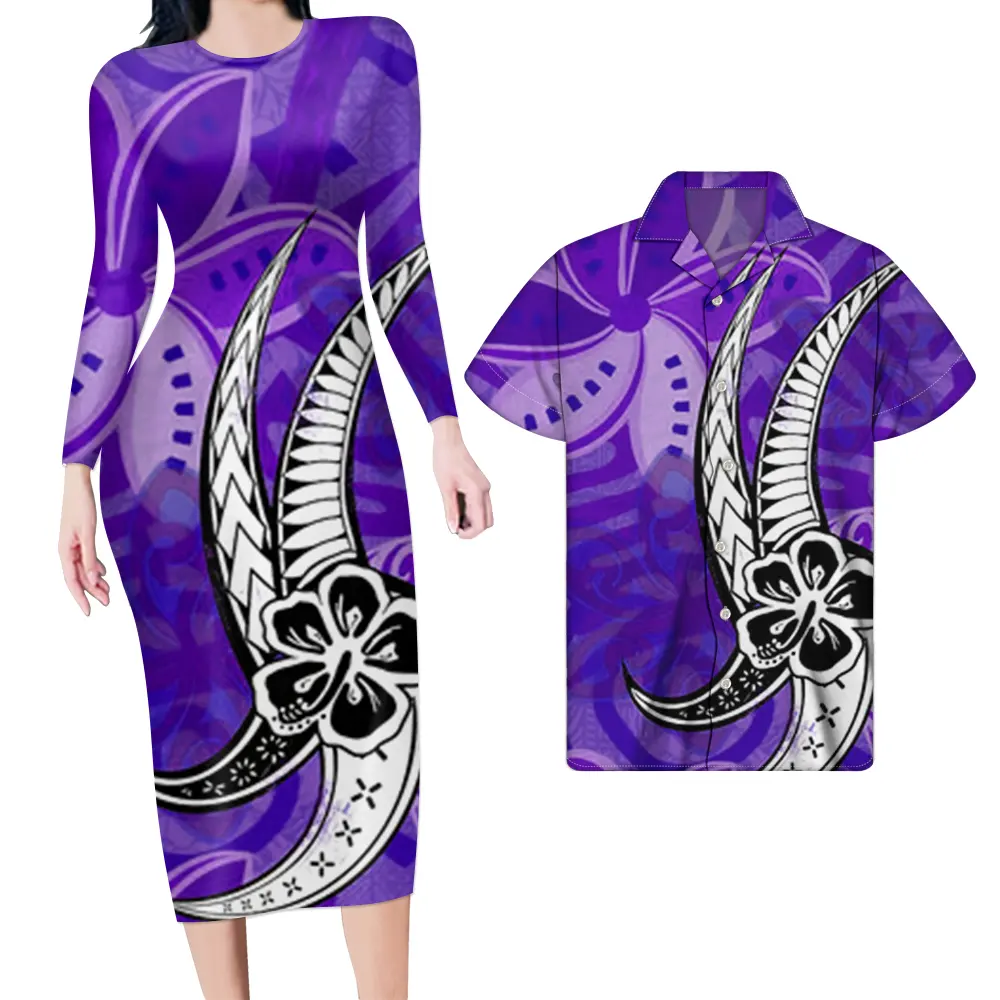 秋の女性のドレスマッチメンズシャツバレンタインデー2ピースセット紫ポリネシアサモア部族パターンカップル服のセット
