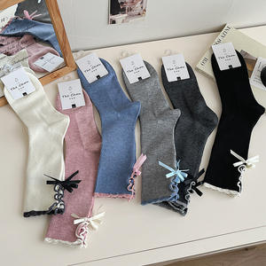 2025 Jingwen ถุงเท้าผูกโบว์สำหรับผู้หญิงถุงเท้าแบบเย็บปักสองชั้นป้องกันการเย็บปักถุงเท้าหุ้มข้อครึ่งน่องถุงเท้าซ้อนสีทึบ - Product Image 2