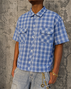 Chemise en flanelle à carreaux unie à manches courtes boutonnée, coupe ample, grande taille, patchwork, fabriquée sur mesure pour hommes - Product Image 1