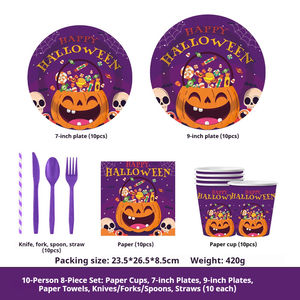 2025 nouveau <span class=keywords><strong>Halloween</strong></span> violet citrouille 8 pièces jetable papier vaisselle ensemble tasses serviettes assiettes pour fête fournitures Kits - Product Image 3