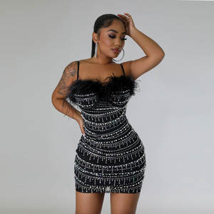 OuYaan Fashion Geburtstag Cocktail Party Kleid Feather Trim Slip Mini kleider mit Strass und Perlen - Product Image 2