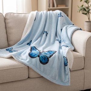 Couverture décorative pour canapé en flanelle sherpa double face écologique, avec broderie appliquée de papillon bleu exquis - Product Image 1