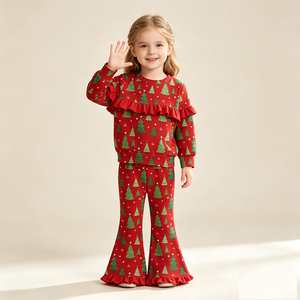 Set Pigiama per Bambine con Stampa Personalizzata OEM, <span class=keywords><strong>Felpa</strong></span> con Volant e Pantaloni a Zampa, Abbigliamento Caldo e Confortevole - Product Image 4