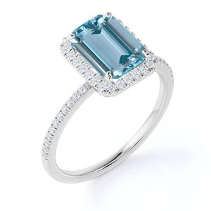 Plata de Ley 925, 1,50 quilates, corte esmeralda, Aguamarina y Diamante, anillo de bodas, anillo de compromiso y cumpleaños para ella - Product Image 4